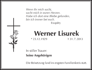 Traueranzeige von Werner Lisurek von Pegnitz-Zeitung